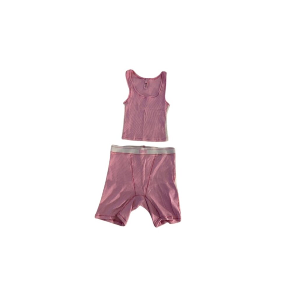 Skims Stretch Cotton Ribbed Tank and Boxers, Pink, Size Small